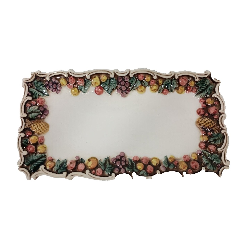 Vintage Lefton Serving Dish Platter Raised Fruit Border Rectangular Ceramic